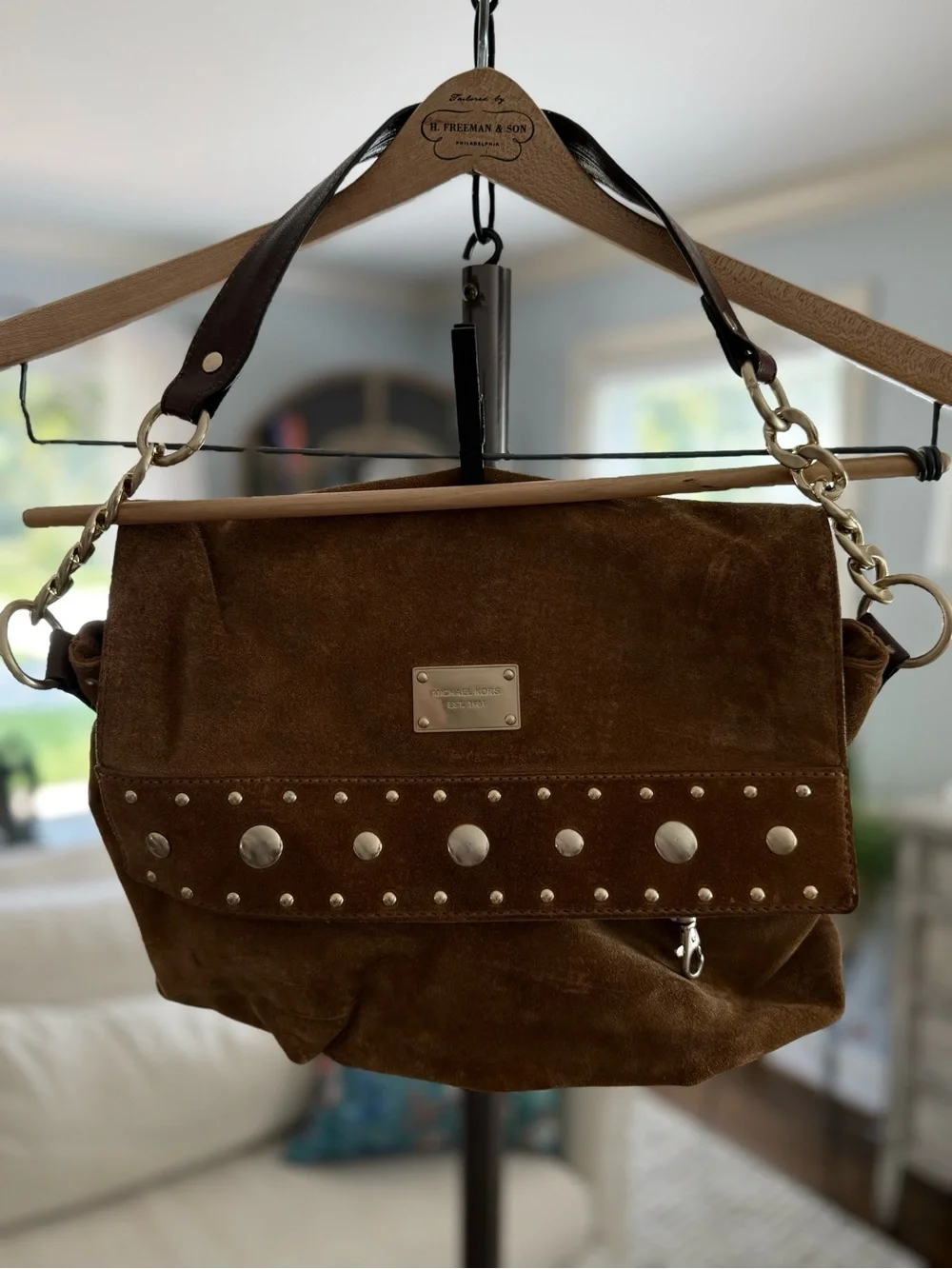 Michael Kors Brown Suede Studded Crossbody Bag